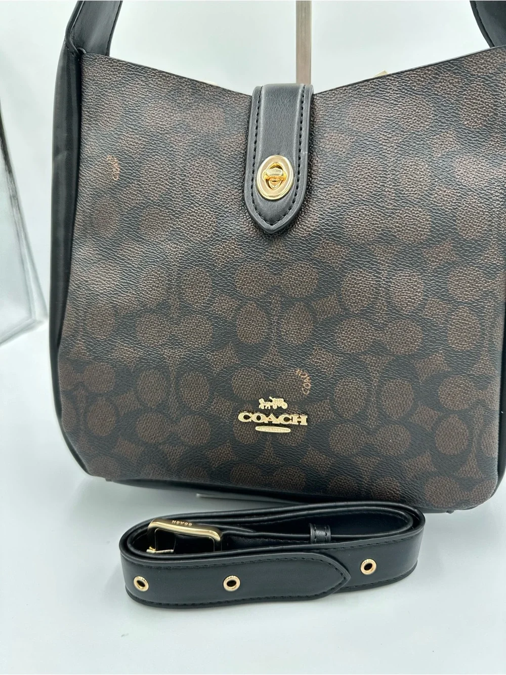 Coach Hadley Hobo Signature Canvas Brown Black Leather Turnlock Gold CW003 NWT